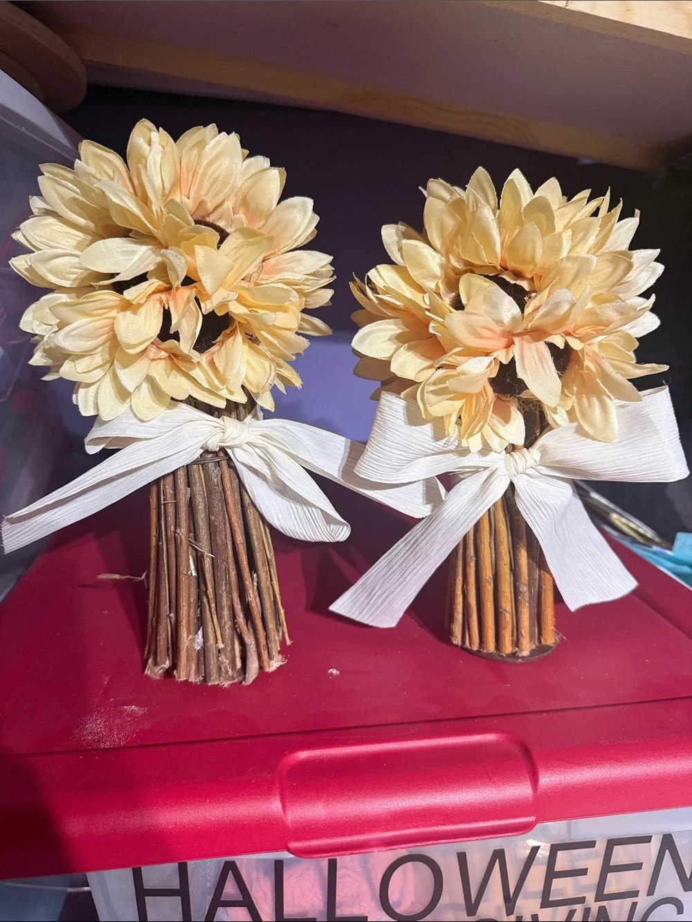 2 Artificial Sunflower Bundle with White Ribbon - Cream Yellow
